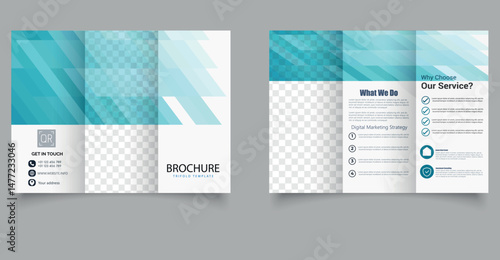 Professional and clean trifold brochure template featuring a blue geometric background with transparent image placeholders and infographic elements. Editable image for printing.