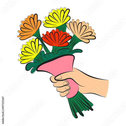 Hand Holding Colorful Flower Bouquet Vector Illustration