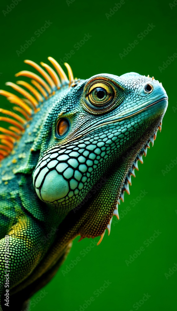 Detailed Portrait of a Green Iguana with Orange Scales on Plain Green Background Showing Intricate Texture in Eye Level Detailed Portrait of a Green Iguana with Orange Scales on Plain Green Background Showing Intricate Texture in Eye Level