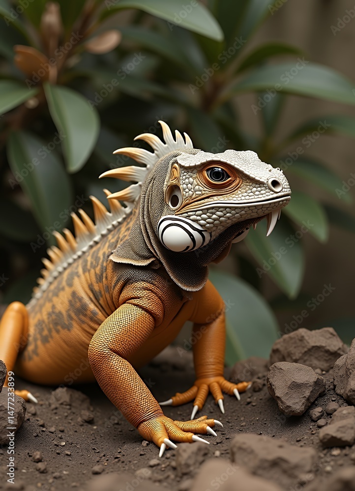 Naklejka premium Detailed Portrait of a Orange Spiny Iguana on Soil with Lush Green Leaf Background