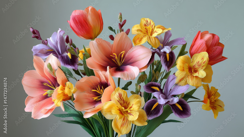 Naklejka premium A vibrant and colorful arrangement of handmade paper flowers including tulips, irises, and lilies, showcasing intricate details against a light background so lovely.