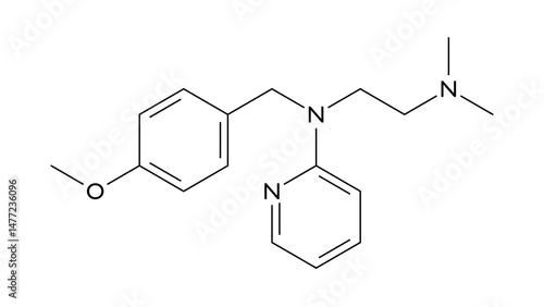 mepyramine molecule, structural chemical formula, ball-and-stick model, isolated image antihistamine agent