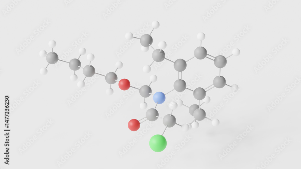 butachlor molecule 3d, molecular structure, ball and stick model, structural chemical formula herbicide butachlor molecule 3d, molecular structure, ball and stick model, structural chemical formula herbicide