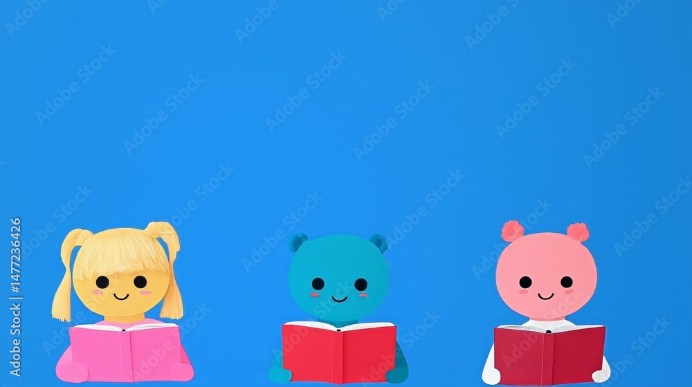 Cute characters reading books against blue background: a colorful and whimsical scene Cute characters reading books against blue background: a colorful and whimsical scene