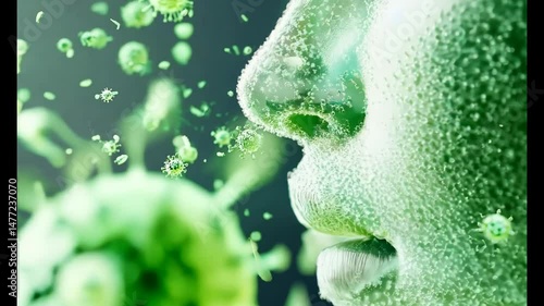 3D illustration of a human face surrounded by floating virus particles representing infection, transmission, and airborne disease.
