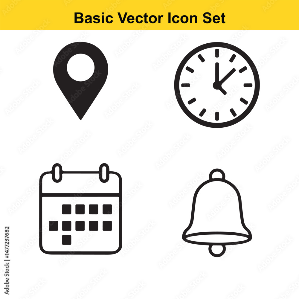 Obraz premium Basic Icon Set: Location, Time, Notification, Calendar Symbols