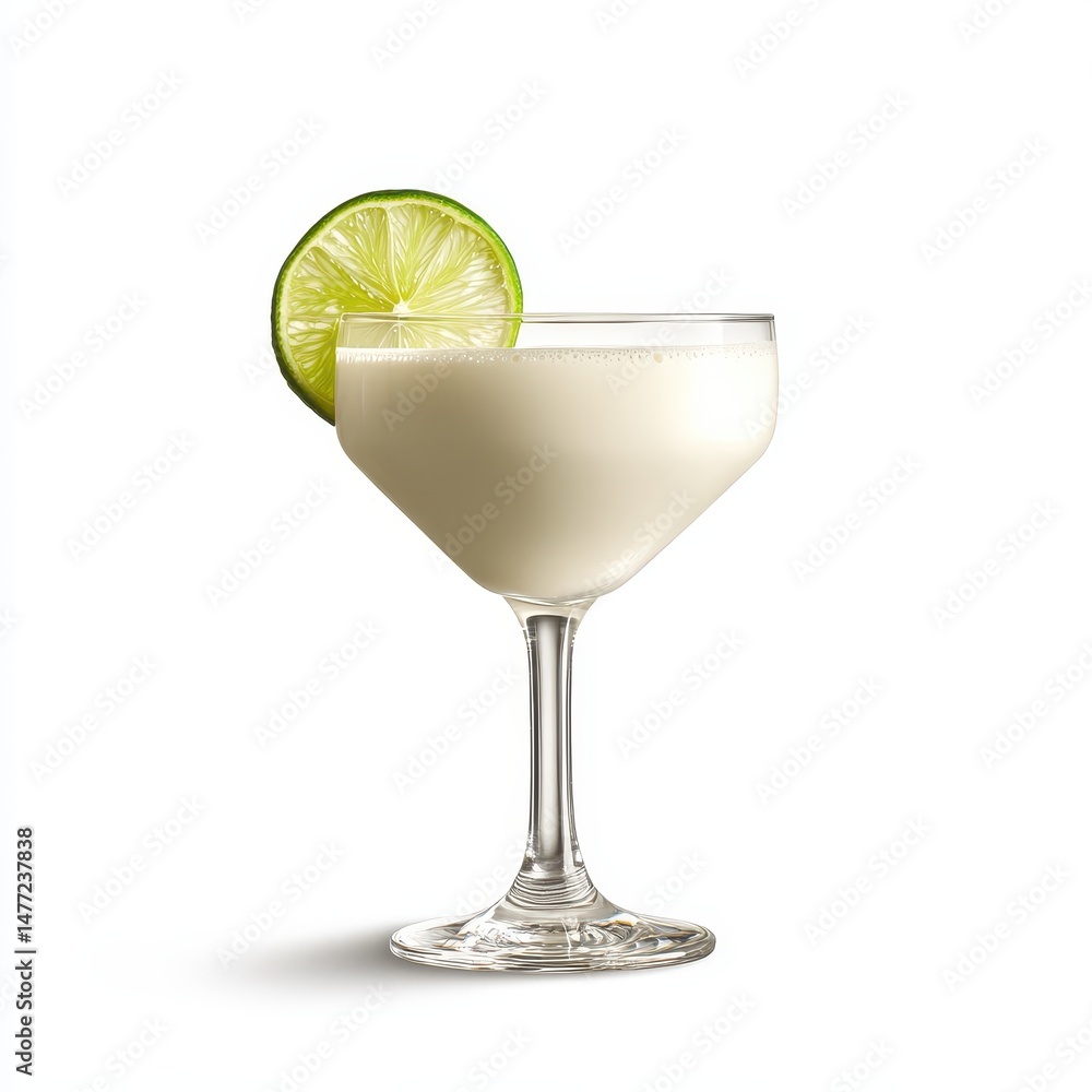 Creamy, light-colored cocktail garnished with lime Creamy, light-colored cocktail garnished with lime