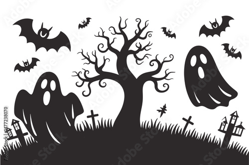 Halloween spooky ghosts bats and graveyard scene