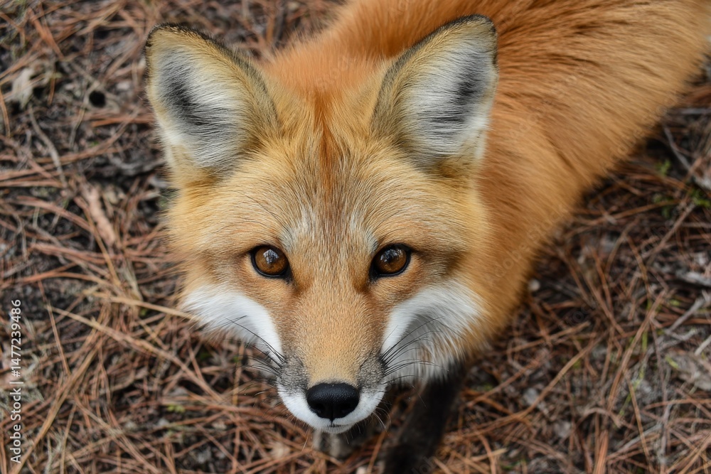 Fototapeta premium Red fox observing its surroundings in a forest during daylight hours