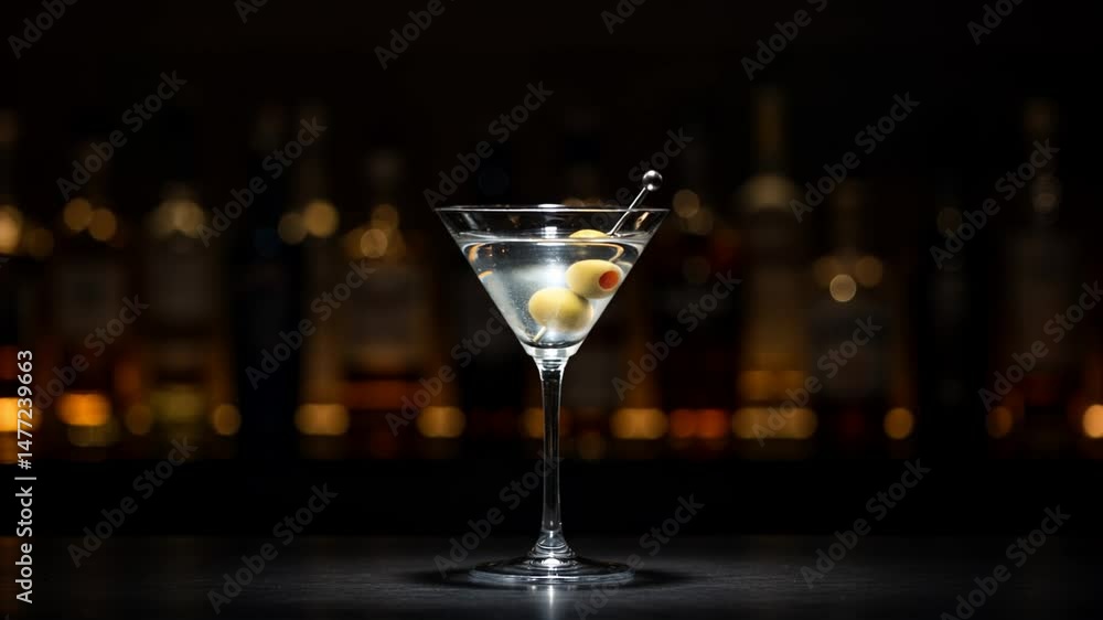 Classic martini cocktail with olives in a glass on bar counter Classic martini cocktail with olives in a glass on bar counter