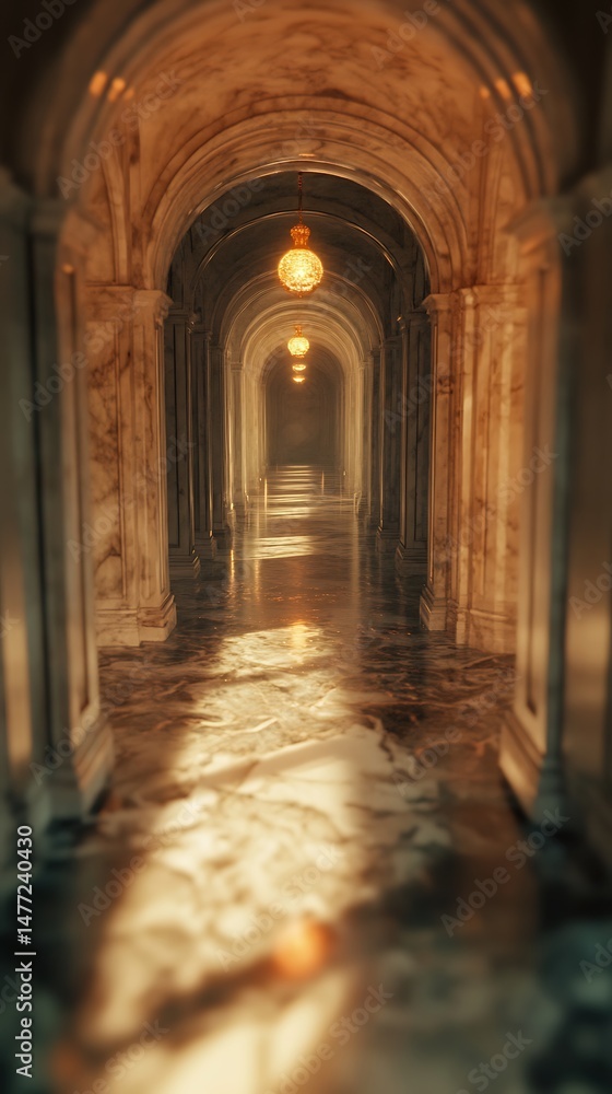 Fototapeta premium Illuminated marble arcade with diminishing perspective and warm light effect