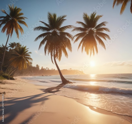 Sun-drenched beach, vintage film grain, palm trees swaying,  ocean,  summer