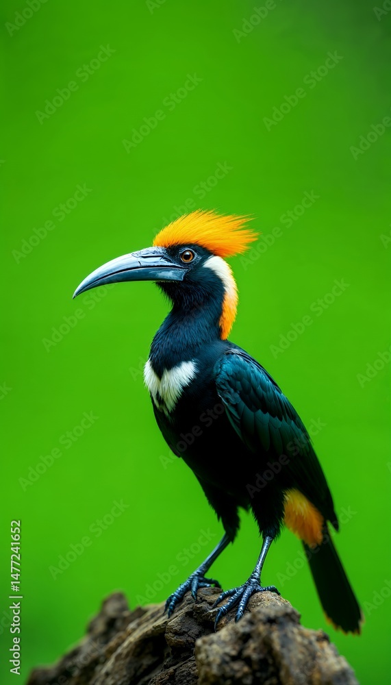 Fototapeta premium Majestic White Crowned Hornbill Perched on a Stump Against Lush Green Backdrop with Bright Orange Crest Showing Feathers Detailed Plumage