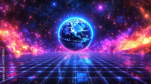Vibrant cosmic scene featuring Earth in a neon grid landscape, surrounded by fiery nebulae and stars.