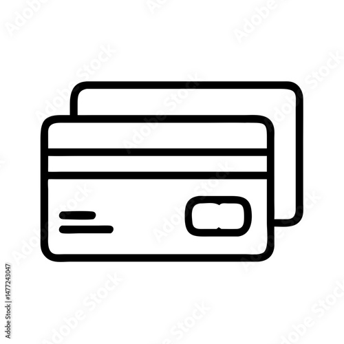outline icon of bank cards with chip in minimalist style, representing electronic payment, credit card transaction, secure banking and digital financial services