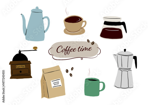 手描きのコーヒーアイテムイラストセット