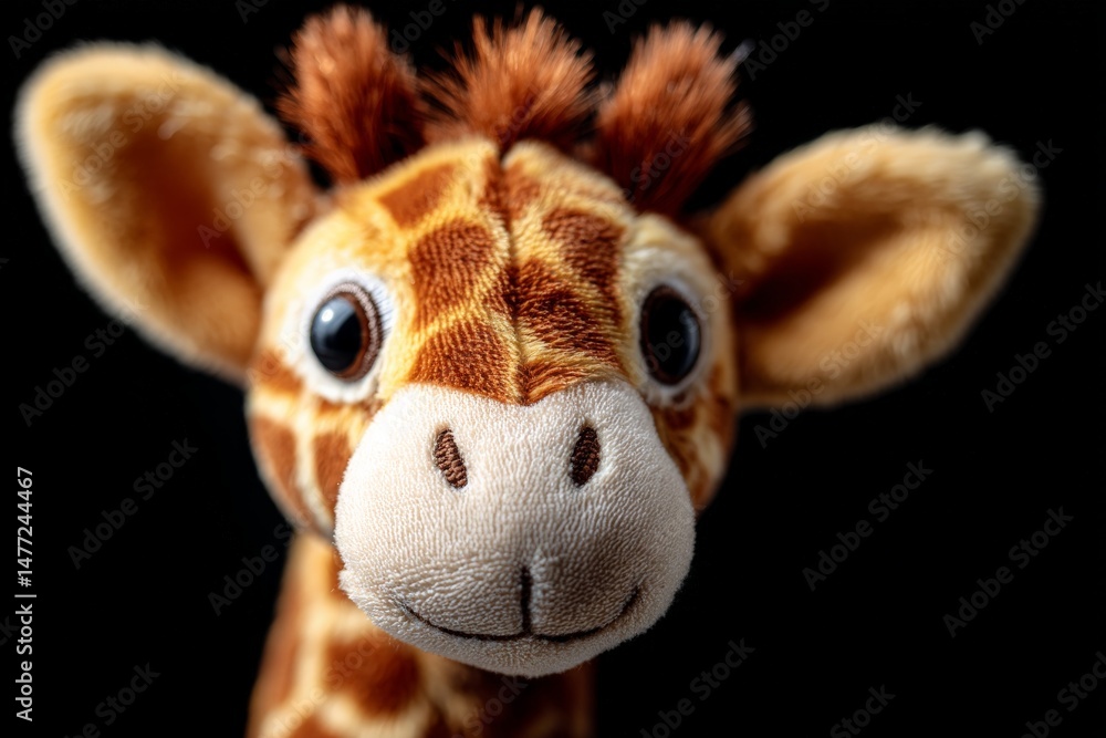 Fototapeta premium Cute plush giraffe with big eyes poses against black background highlighting its soft texture and playful expressions