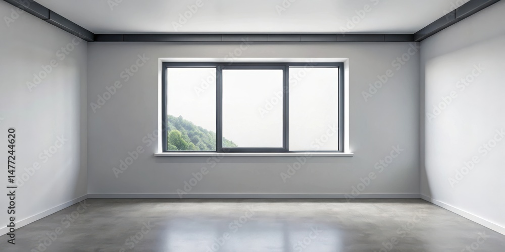 Fototapeta premium Empty room with large window showcasing a view of distant hills and mountains