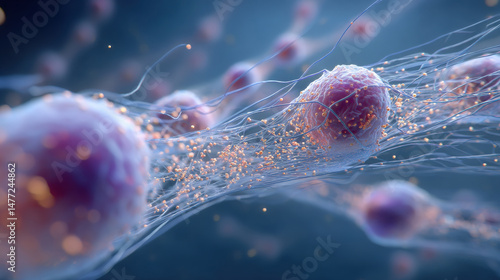 Highly detailed medical illustration of NETosis, showcasing cells and their intricate structures