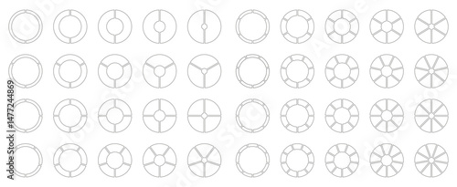 Circle division from 2 to 9 equal parts. Segmented diagrams. Coaching empty blank. Pie, pizza chart icons. Infographics set. Wheel round divided. Section graph black minimalist line art. Donut charts.