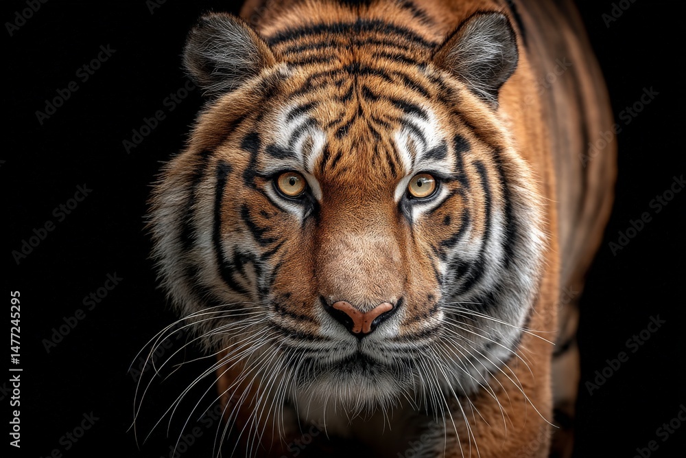 Fototapeta premium Majestic tiger engaging in a calm yet intense gaze against a dark backdrop highlighting its striking features