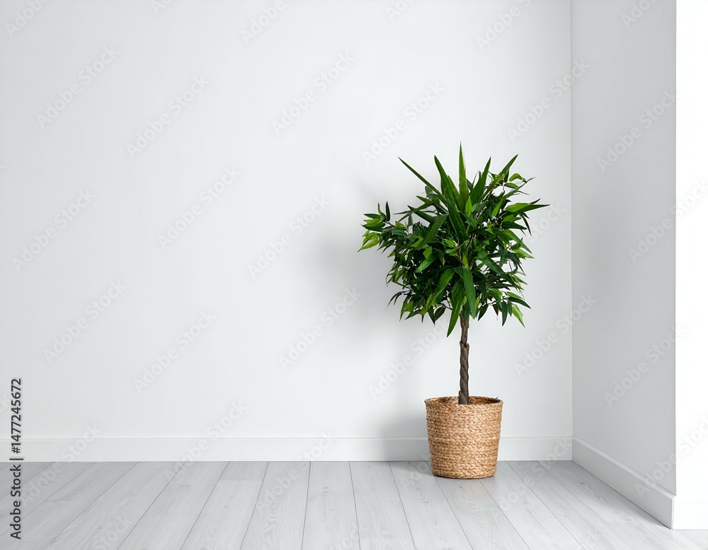 Fototapeta premium Minimalist indoor plant in a woven pot against a white wall. Perfect for home decor, interior design, or lifestyle blogs.