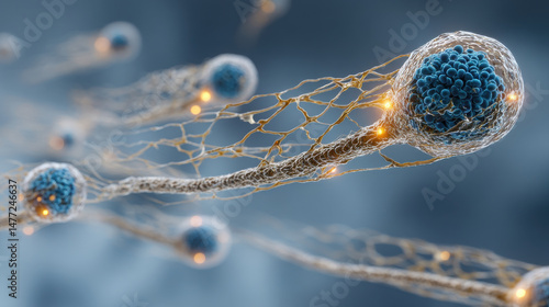 Highly detailed medical illustration of NETosis, showcasing cells with intricate structures