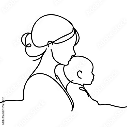 Mother holding baby in minimalist line art illustration  