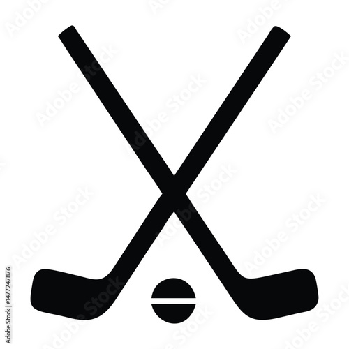 Crossed Hockey Sticks with Puck Silhouette – Black Ice Hockey Icon for Sports and Game Design