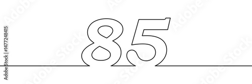 A single line drawing of a eighty five symbol. One line icon. Continuous line eighty fifth number icon. Simple black outline of the number 85. Vector illustration