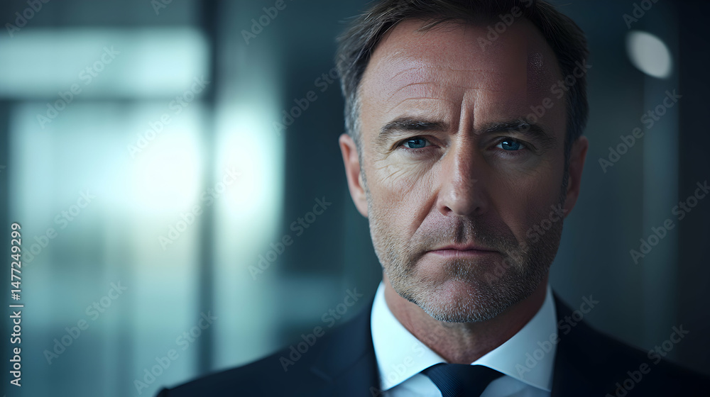 Fototapeta premium Confident Businessman in Modern Office Setting Featuring Serious Expression