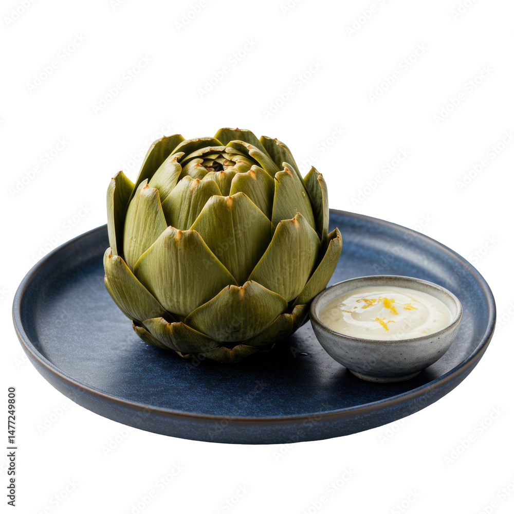 Obraz premium Fresh artichoke served on a blue plate with dipping sauce, highlighting culinary presentation