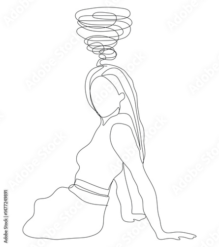 Sketch problem concept minimal woman emotion stress headache drawing line art. Female unhappy depress hand drawn continuous line concept with white ioslated background. Abstract,vector,illustration.