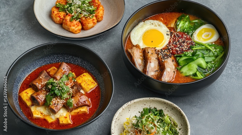 Bold and savory gamjatang stew, slow-cooked pork bones in spicy red broth Bold and savory gamjatang stew, slow-cooked pork bones in spicy red broth