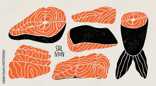 Sliced tasty fresh Salmon. Raw fillet on skin, red fish pieces, sashimi slices, steak, tail. Hand drawn trendy Vector illustration. Unique modern style. Isolated design elements. Healthy food concept