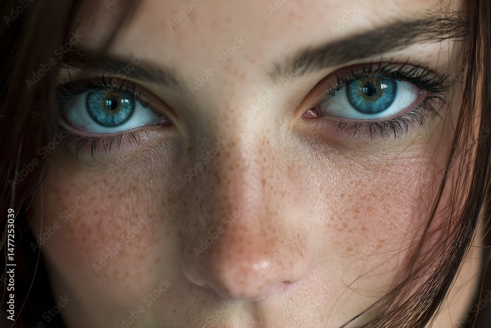 Fototapeta premium Captivating gaze of a young woman with striking blue eyes and freckles in natural light