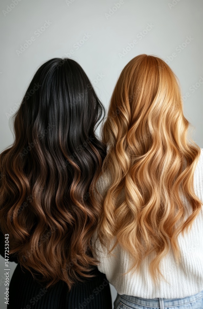 Fototapeta premium Two Women with Long, Wavy Hair - Brunette and Blonde