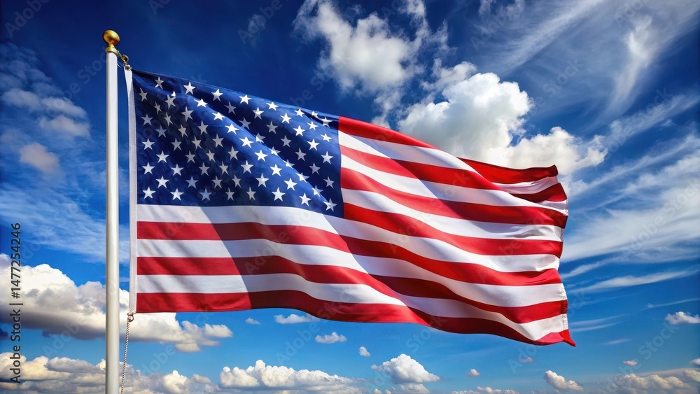 Large American flag with stars and stripes waving in the wind, against a clear blue sky with white clouds, on a patriotic background , freedom, united states of america Large American flag with stars and stripes waving in the wind, against a clear blue sky with white clouds, on a patriotic background , freedom, united states of america