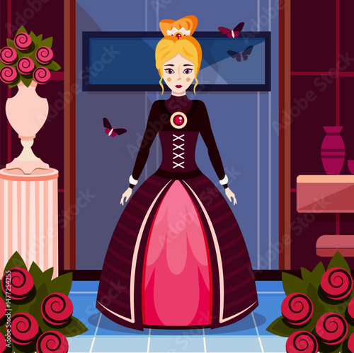 Fotografie Vector illustration with a fairy princess in a pink dress
