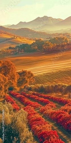 The Tuscany countryside with mountains and fields in evening light