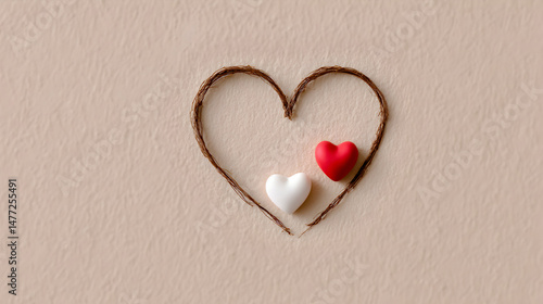 Heart shape created with twine encircles two small heart-shaped objects, one red and one white, symbolizing love and affection in a minimalist design. Selective focus
