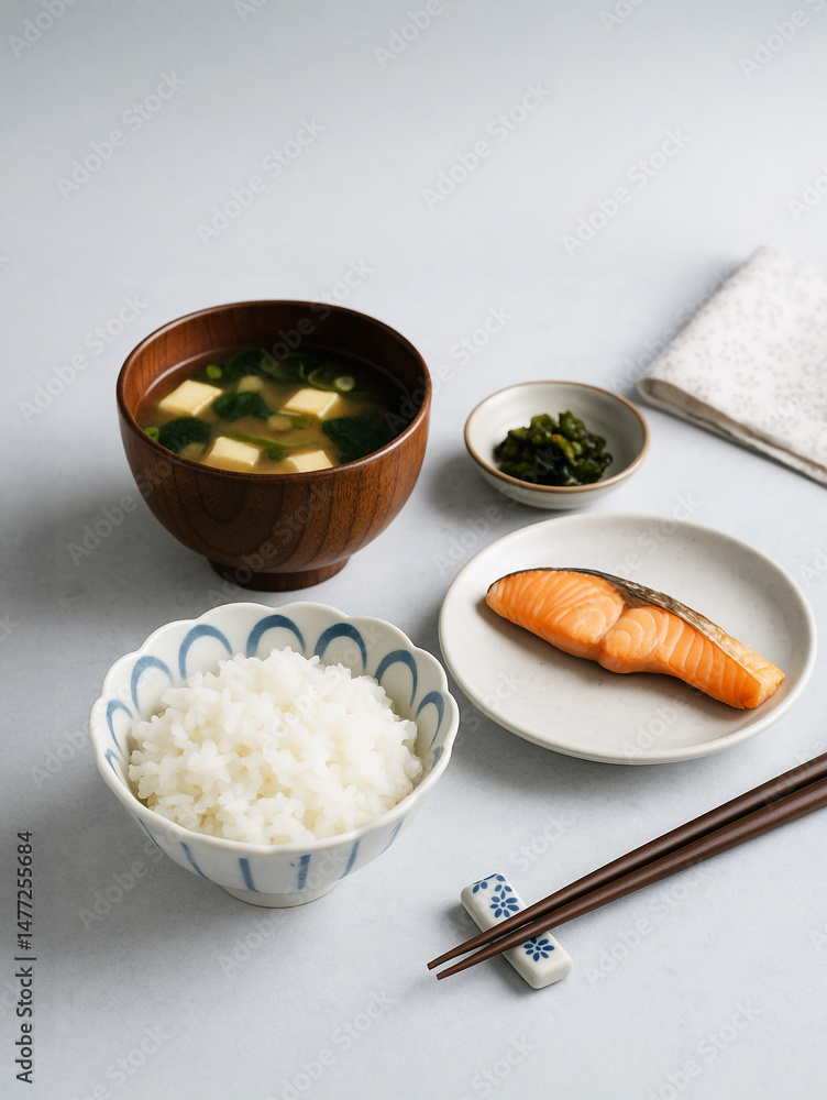 Fototapeta premium Traditional Japanese breakfast with grilled salmon, white rice, miso soup with tofu, and pickled vegetables, served with chopsticks on a light background.