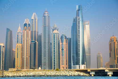 Dubai Marina skyscrapers and Dubai beach view from boat