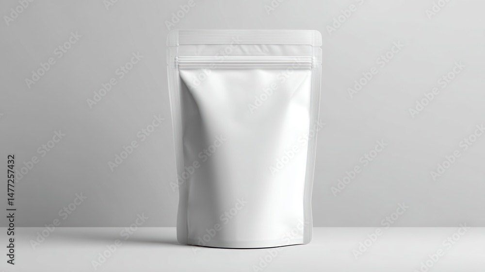 White stand-up pouch with zipper closure against a neutral background. White stand-up pouch with zipper closure against a neutral background.