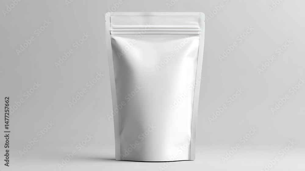 White stand-up pouch with zipper closure on a light gray background simple studio shot. White stand-up pouch with zipper closure on a light gray background simple studio shot.