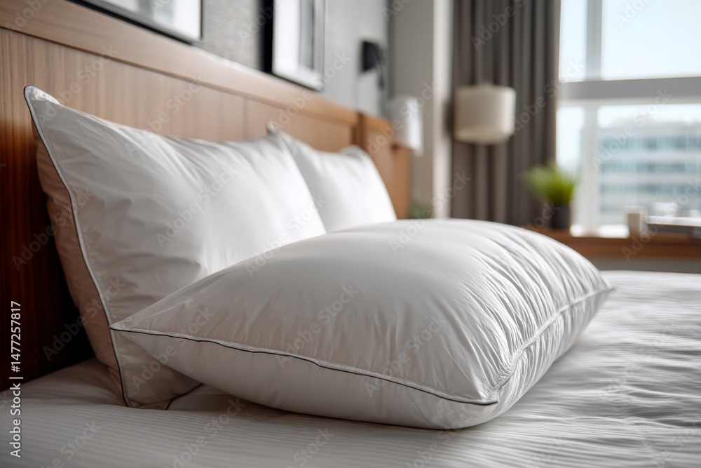 Fototapeta premium Comfortable bedding arrangement in a modern hotel room showcasing plush pillows and a soft mattress