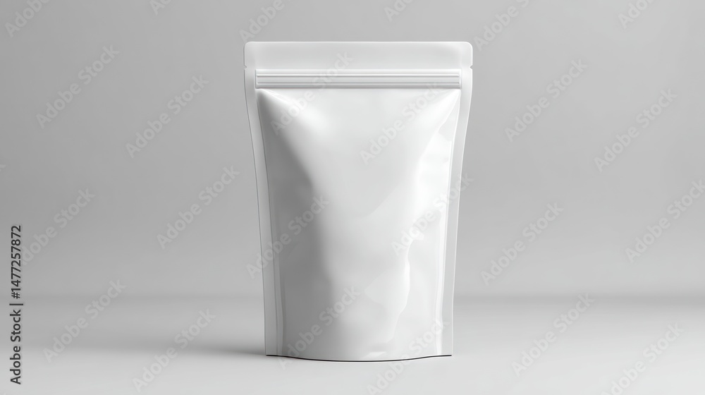 White blank stand-up pouch mockup on a light background for product packaging. White blank stand-up pouch mockup on a light background for product packaging.