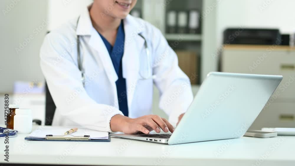Medical technology concept. Doctor working with mobile phone and stethoscope and digital tablet laptop in modern office Medical technology concept. Doctor working with mobile phone and stethoscope and digital tablet laptop in modern office