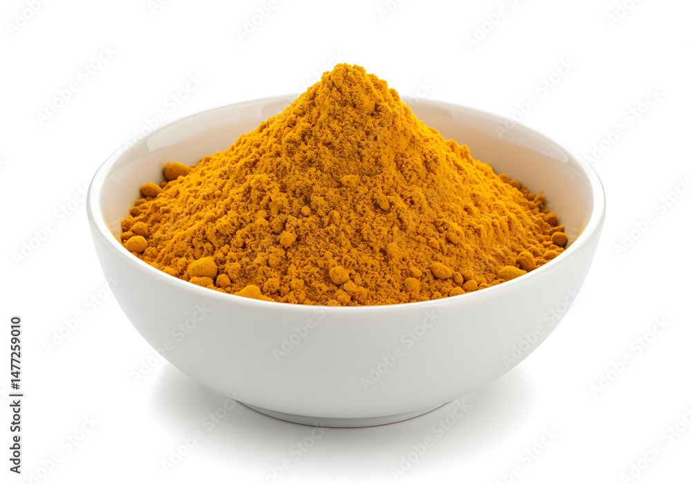 A bowl filled with a mound of vibrant turmeric powder A bowl filled with a mound of vibrant turmeric powder
