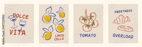 Hand drawn la dolce vita doodles. Wall art with wine, lemon, tomato, bread. Minimalist line art. Set of mediterranean vector illustration for invitations, stationery, printables, social media, poster.